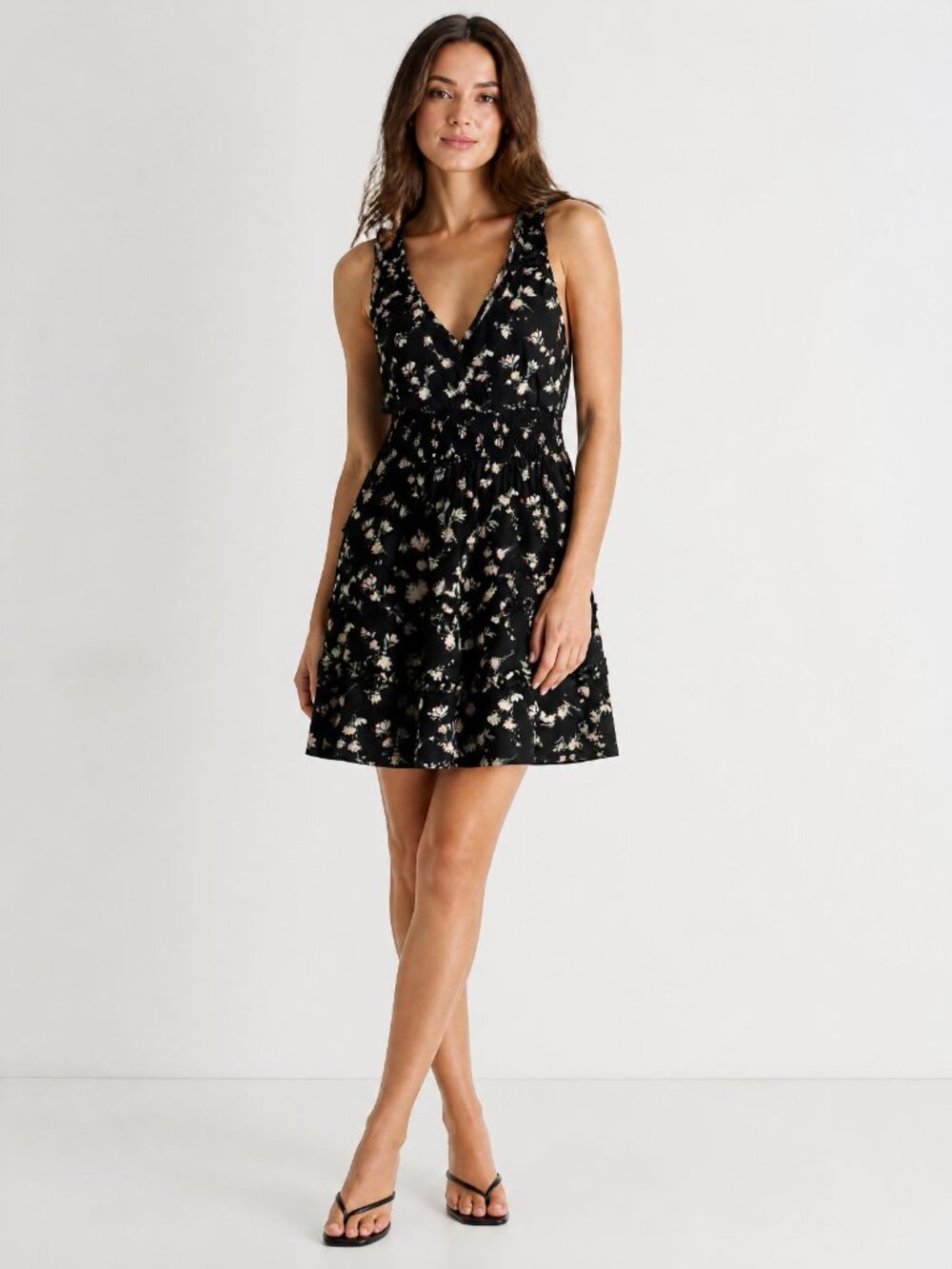 Black White Ditsy Floral Sundress Jr L (11-13) Sleeveless V-Neck Fit and Flare